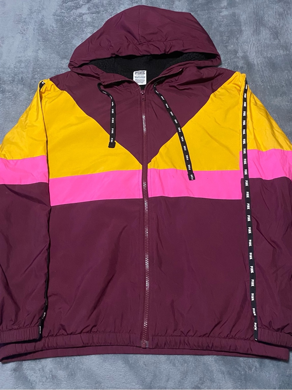 PINK Victoria's Secret Colorblock Hooded Windbreaker — Burgundy, Yellow & Pink